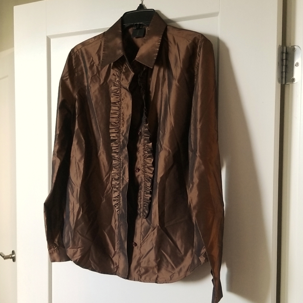 MAG Brown Ruffled Front Long Sleeve Button Down Silk Shirt Size 10